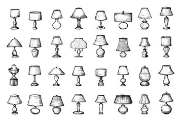 Doodle Style Table Lamps in Different Shapes Icons Set. Hand Drawn Simple Black Table Lamp Icons on White Background. Vector Illustration for Home Decor and Lighting Design
