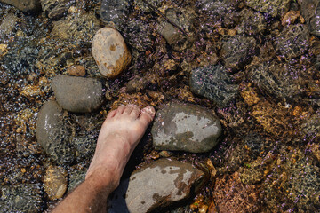 Top view of a person's foot standing on rocks in a stream