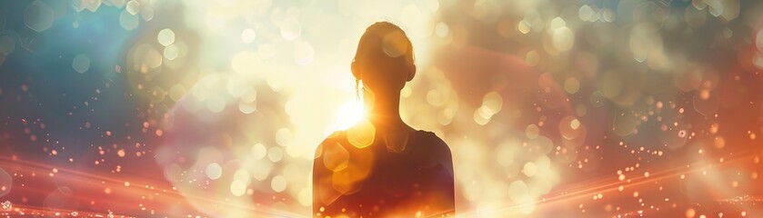 Silhouette of a person bathed in ethereal light, conveying a sense of peace and transcendence amidst vibrant and abstract background.
