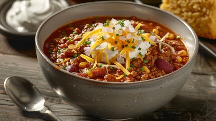 Fototapeta premium A hearty bowl of chili topped with shredded cheese, sour cream, and chopped onions, served with cornbread on the side.