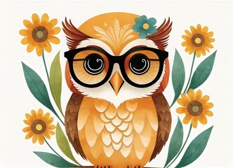 Fototapeta premium Cute Floral Owl Generative AI Illustration 