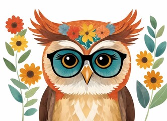 Fototapeta premium Cute Floral Owl Generative AI Illustration 