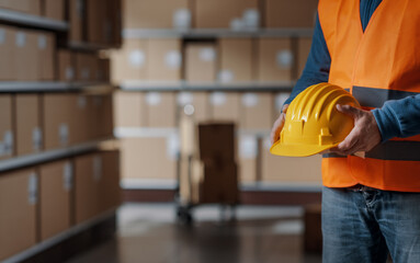 Warehouse worker holding a safety helmet