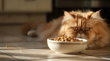 A heavyset Persian cat lying on a tiled kitchen floor, eyeing a bowl of kibble with anticipation.