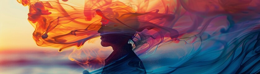 Silhouette of a person with colorful flowing fabric in the evening light by the sea, creating an ethereal and dreamy atmosphere.