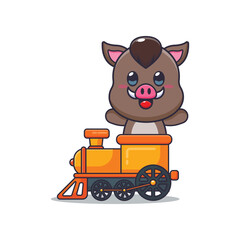 Cute boar mascot cartoon character ride on train