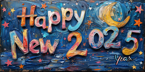 A Happy New Year 2025 sign surrounded by stars and a crescent moon