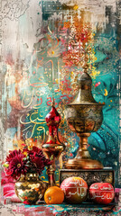 Obraz premium Eid Decorations with Calligraphy Composition, Eid feast, Islamic celebration, Family feast.