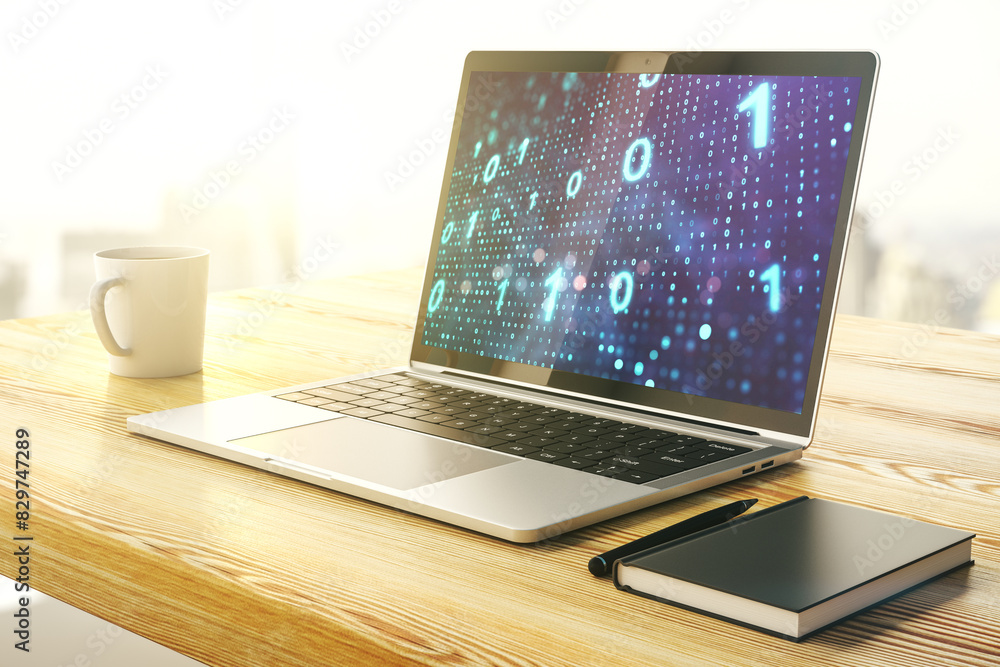 Aufkleber Creative abstract binary code sketch on modern laptop monitor, hacking and matrix concept. 3D Rendering