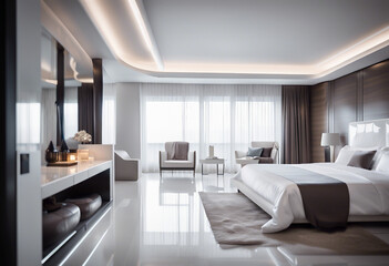 hotel bedroom, white glossy color, interior design, ad shot
