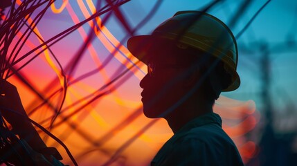 Silhouette of an electrician working with wires at sunset, showcasing the connection between technology and nature in vibrant colors.