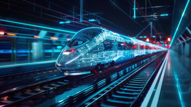 A high-speed rail network map displayed on a digital screen, illustrating interconnected routes and destinations for travelers