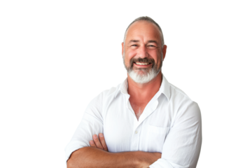 Middle-Aged Man in White Shirt Smiling on White Background
