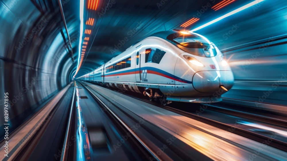 Poster a high-speed train traveling through a modern urban tunnel system, showcasing the integration of rai