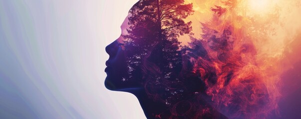 Surreal double exposure of a woman's silhouette with a vibrant forest, blending nature and human elements in an artistic vision.