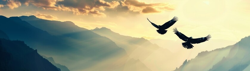 Obraz premium Two birds soar gracefully over a stunning mountain landscape at sunset, showcasing the beauty of nature and freedom in the serene evening skies.