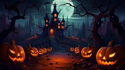 Fototapeta premium Halloween background with scary pumpkins, haunted house and full moon. Generative AI.