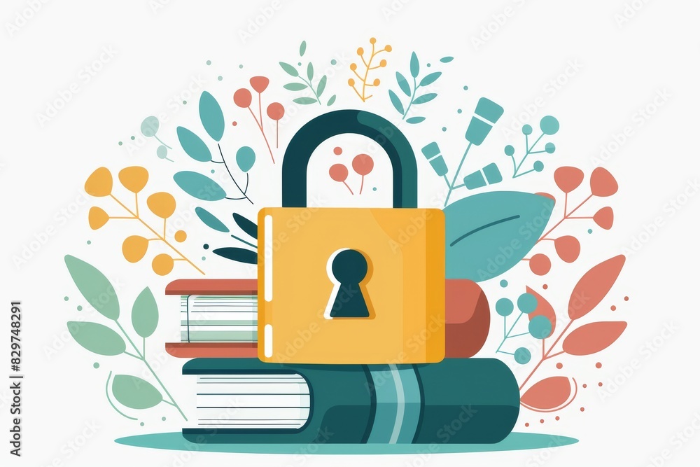 Poster stack of books with a padlock and leafy decoration, symbolizing secured knowledge and information pr