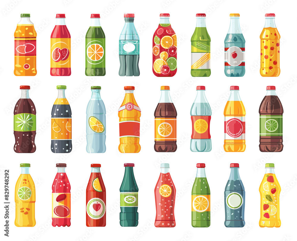 Aufkleber flat style soda drinks bottles icon set. simple vector on white background. refreshment beverage col