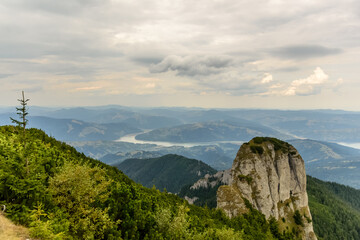 Scenic view of Izvorul Muntelui Lake seen from Ceahlau Mountain, Romania