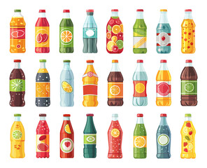 Flat Style Soda Drinks Bottles Icon Set. Simple Vector on White Background. Refreshment Beverage Cola Lemonade Fizzy Carbonated Plastic Glass Illustration