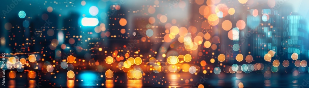 Poster vibrant cityscape with colorful bokeh lights creating a dynamic and lively atmosphere, captured duri