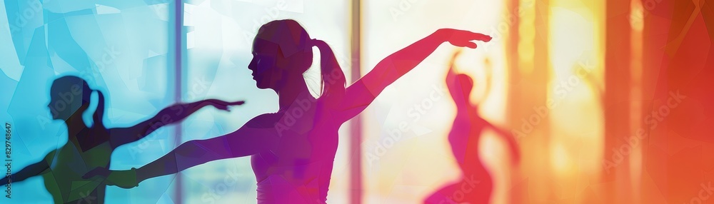 Wall mural vibrant silhouette of women practicing dance in a colorful studio, captured in motion. perfect for f