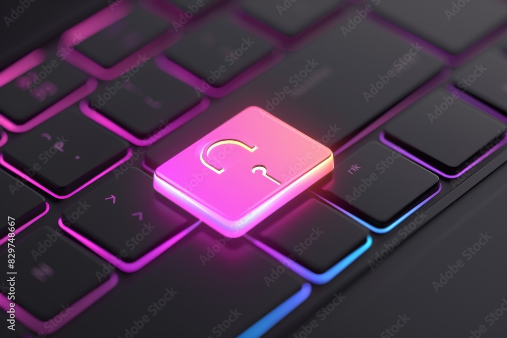 Poster close-up of a keyboard with a glowing question mark key, symbolizing inquiry, search, and the quest 
