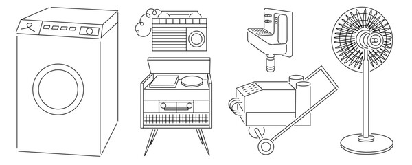 set of isolated linear objects in vector. interior icons for poster sticker design logo