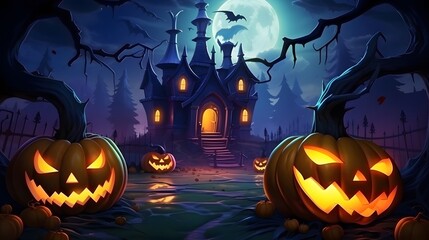 Halloween background with scary pumpkins, haunted house and full moon. Generative AI.