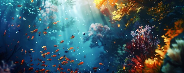 Vibrant underwater scene with colorful coral and fish. Sunlight streams through the water, illuminating the lively marine life and ecosystem.