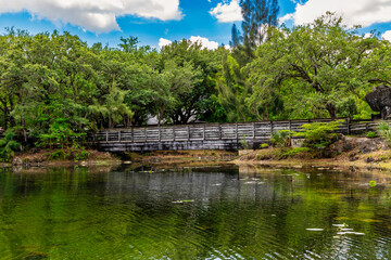Obraz premium the river has a bridge over it and a few trees