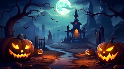 Fototapeta premium Halloween background with scary pumpkins, haunted house and full moon. Generative AI.