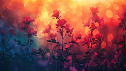 Plants in a garden, close up, focus on, copy space, vivid greenery, double exposure silhouette with flowers