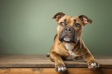 Full body studio portrait of a beautiful dog. The dog is lying down and looking up over a background of pastel shades, radiating charm and playfulness.