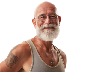 Bald Elderly Man with Glasses and Tattoos in Grey Tank Top on White Background