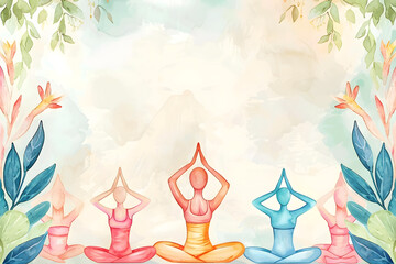 Cute cartoon yoga frame border on background in watercolor style.