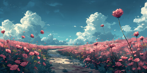 Artwork depicting pink flowers blooming in a field