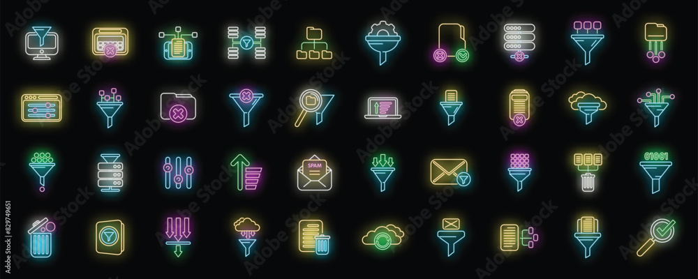 Aufkleber content filter icons set outline vector. internet funnel. computer smart neon color on black