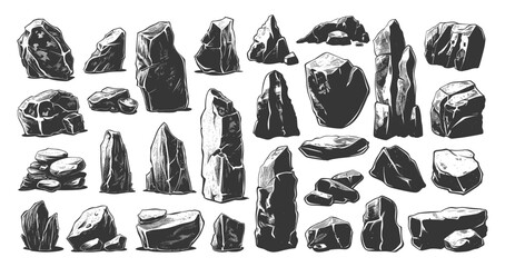 Pieces of Stones Icons Set. Stone, Rock, Pebble, Mineral, Natural, Geology, Texture, Rough, Surface, Hand Drawn, Sketch, Drawing, Simple, Few Details, Black Icons, White Background, Illustration