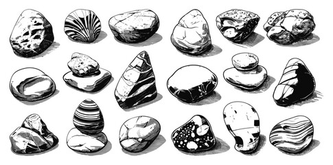 Sea Stones and Pebbles. Doodle Style, Hand-Drawn, Simple Black Icons Set. Rock, Stone, Pebble, Beach, Sea, Ocean, Nature, Coastal, Shore, Hand Drawn, Sketch, Drawing, Low Details, Black Icons, White