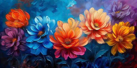 Colorful flowers painted in acrylic on a black canvas