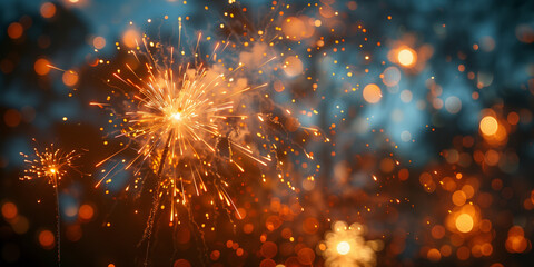 A detailed view of colorful fireworks bursting with blurred lights in the background New Year
