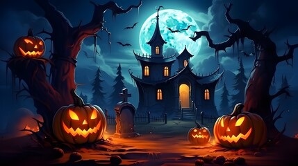 Fototapeta premium Halloween background with scary pumpkins, haunted house and full moon. Generative AI.