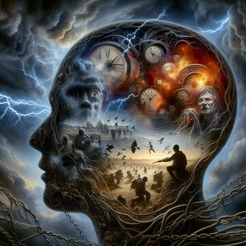 Mindscape of PTSD, War Memories, Chains of Trauma, and the Haunting Passage of Time in a Surreal Head