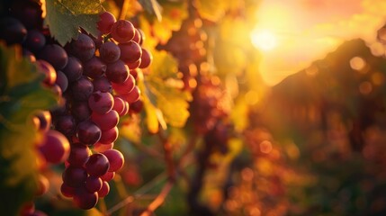 Autumnal Evening in Vineyards Close up of Ripe Red Wine Grapes on Vines at Sunset