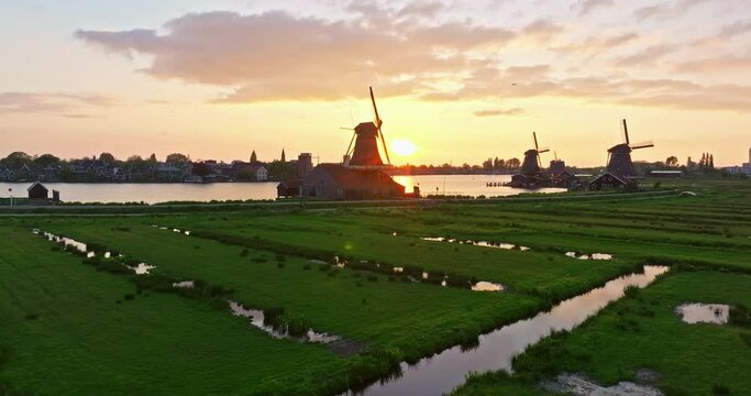Zaanse Schans is an open-air museum in the municipality of Zaanstad in the Netherlands great tourist attraction near Amsterdam. On the territory there are windmills and examples of Dutch architecture