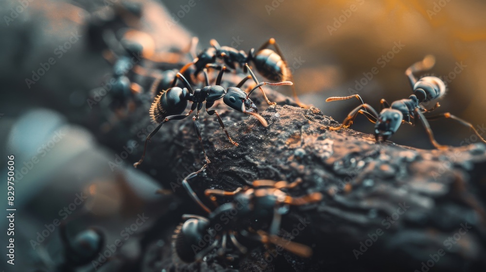 Poster A macro shot of ants crawling on a tree branch, highlighting their intricate anatomy and unique patterns.