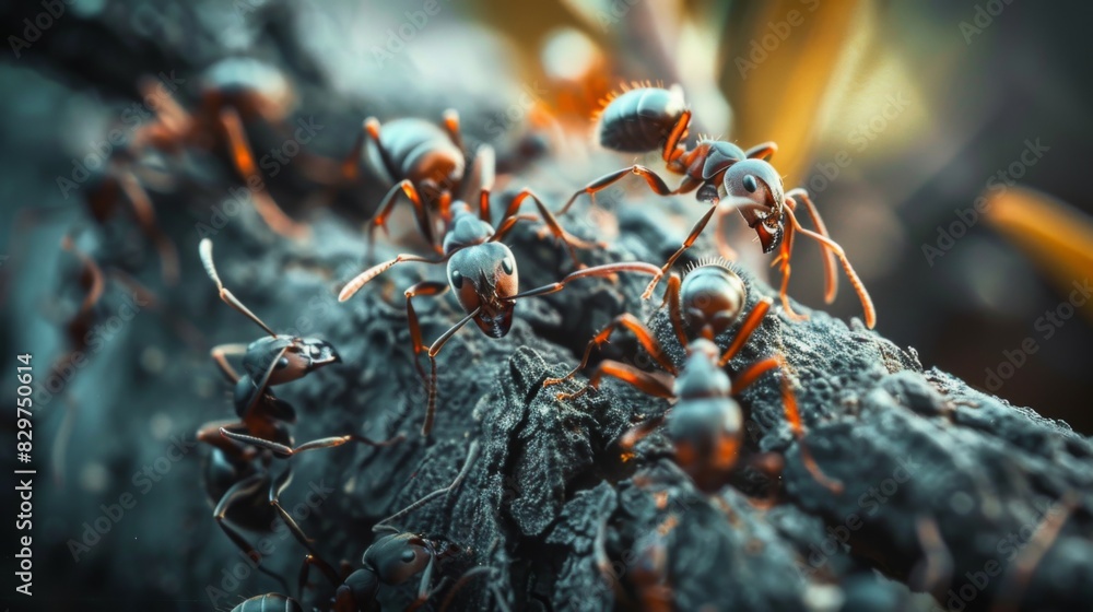 Poster A macro shot of ants crawling on a tree branch, highlighting their intricate anatomy and unique patterns.
