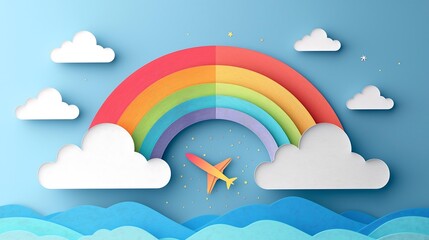 Airplane Flying Through Rainbow Paper Art